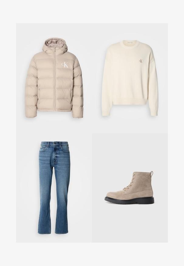 Beige pufferjakke med hætte, der har et quiltet design, central lynlås og et lille hvidt logo på venstre bryst. Blødt, glat materiale.; Kremfarvet strikket sweater med ribbet tekstur, rund halsudskæring og drop-skuldrer. Har et lille brunt broderet logo på brystet.; Lyseblå denim jeans med lige pasform og let flare. Har fem lommer, knaplukning og subtile slidte detaljer.; Beige ruskindsankelstøvler med sort gummisål, snørelukning og et lille logo præget på siden, med en løftestrop bagpå.
