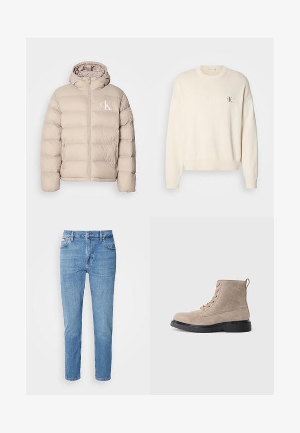 Beige pufferjakke med hætte, der har et quiltet design, central lynlås og et lille hvidt logo på venstre bryst. Blødt, glat materiale.; Kremfarvet strikket sweater med ribbet tekstur, rund halsudskæring og drop-skuldrer. Har et lille brunt broderet logo på brystet.; Lys blå denim jeans med lige snit, fem-lomme design og subtilt slid. Har knaplukning og bæltestropper.; Beige ruskindsankelstøvler med sort gummisål, snørelukning og et lille logo præget på siden, med en løftestrop bagpå.