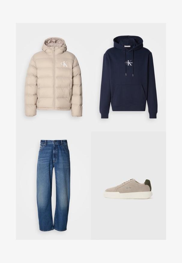 Beige pufferjakke med hætte, der har et quiltet design, central lynlås og et lille hvidt logo på venstre bryst. Blødt, glat materiale.; Mørkeblå hættetrøje med en frontlomme, snøre til hætten og hvidt Calvin Klein-logo. Lavet af blødt stof med ribbede manchetter og kant.; Denimjeans med vide ben i en mellemblå vask. Har lynlås, fem lommer og let falmning for et slidt look. Klassiske syningdetaljer.; Beige ruskinds sneakers med en hvid gummisål, der har en mørkegrøn hælaccent og subtil branding på siden.