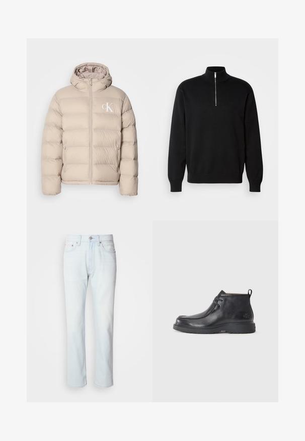 Beige pufferjack met een capuchon, voorzien van een gequilt ontwerp, centrale rits en een klein wit logo op de linkerkant van de borst. Zacht, glad materiaal.; Zwarte ritsnektrui van gladde stof, met een hoge kraag en lange mouwen, voorzien van een subtiele logo op de borst.; Lichtblauwe denim jeans met een rechte pijp. Voorzien van een knoopsluiting en riemlussen, met een vervaagde textuur en minimale stiksels.; Zwarte leren enkellaarsjes met een ronde neus, vetersluiting en een lipje aan de achterkant. Geribbelde bovenkant en rubberen zool.