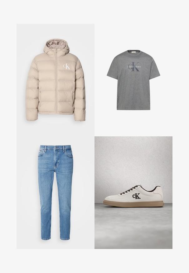 Beige pufferjakke med hætte, der har et quiltet design, central lynlås og et lille hvidt logo på venstre bryst. Blødt, glat materiale.; Grå T-shirt med korte ærmer og Calvin Klein-logo med store overlappende "cK" bogstaver og "Calvin Klein" tekst i midten foran.; Lys blå denim jeans med lige snit, fem-lomme design og subtilt slid. Har knaplukning og bæltestropper.; Hvid sneakers med brune accenter, ruskindsmateriale, flade snørebånd og gummisål. Har en logo på siden og en glat tekstur.
