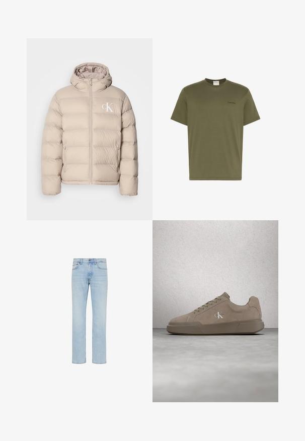 Beige pufferjakke med hætte, der har et quiltet design, central lynlås og et lille hvidt logo på venstre bryst. Blødt, glat materiale.; Olivengrøn T-shirt med korte ærmer og rund hals med lille sort Calvin Klein-logo på venstre bryst.; Lyseblå straight-leg jeans i denim med forreste knap, lynlås og design med fem lommer vist på hvid baggrund.; Beige ruskind sneakers med snørebånd og "ck" logo, vist svævende over poleret beton gulv med glasblokvæg i baggrunden.