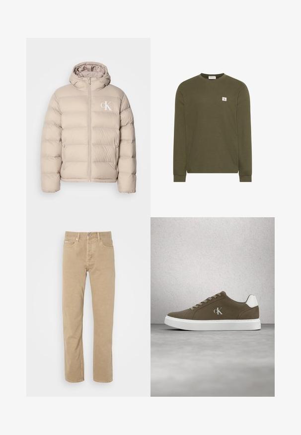 Beige pufferjack met een capuchon, voorzien van een gequilt ontwerp, centrale rits en een klein wit logo op de linkerkant van de borst. Zacht, glad materiaal.; Olivengroene trui met lange mouwen, geribte structuur en een klein wit vierkant lapje met rood "cK" logo op de borst.; Beige katoenen broek met een rechte pijp, voorzien van zijzakken, een knoopsluiting en subtiele stikseldetails langs de naden.; Bruine Calvin Klein sneaker met witte zool en veters, afgebeeld tegen een achtergrond van een glasblokmuur en betonnen vloer.