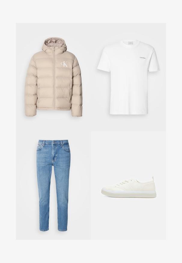 Veste matelassée beige avec capuche, présentant un design matelassé, une fermeture éclair centrale et un petit logo blanc sur la poitrine gauche. Matériau doux et lisse.; T-shirt en coton blanc à manches courtes et col rond. Présente un petit logo noir "Calvin Klein" sur la poitrine gauche.; Jeans en denim bleu clair avec une coupe droite, un design à cinq poches et un léger délavage. Comprend une fermeture à bouton et des passants de ceinture.; Calvin Klein TOP LACE UP UNIFIT - Baskets basses - salt bay