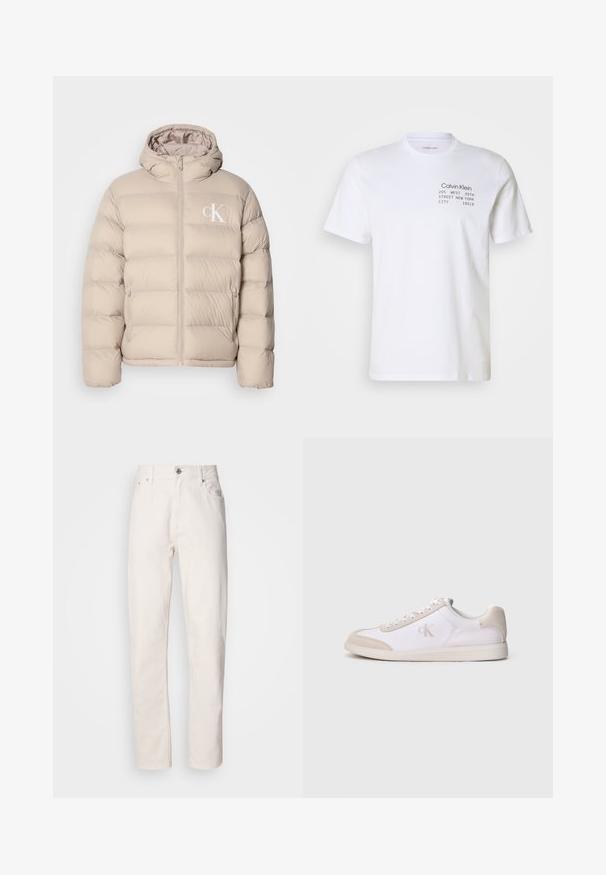 Chaqueta de plumón beige con capucha, con un diseño acolchado, cremallera central y un pequeño logo blanco en el lado izquierdo del pecho. Material suave y liso.; Camiseta de algodón blanca con mangas cortas, cuello redondo y texto impreso: "Calvin Klein 205 WEST 39TH STREET NEW YORK CITY 10018."; Jeans de denim blanco de pierna recta con cierre de botón y cremallera, lazos para cinturón y bolsillos delanteros y traseros, mostrados sobre un fondo liso.; Zapatilla baja blanca y beige con cordones en la parte delantera, detalles de ante y logotipo "cK" en el lateral, mostrada de perfil sobre un fondo llano.