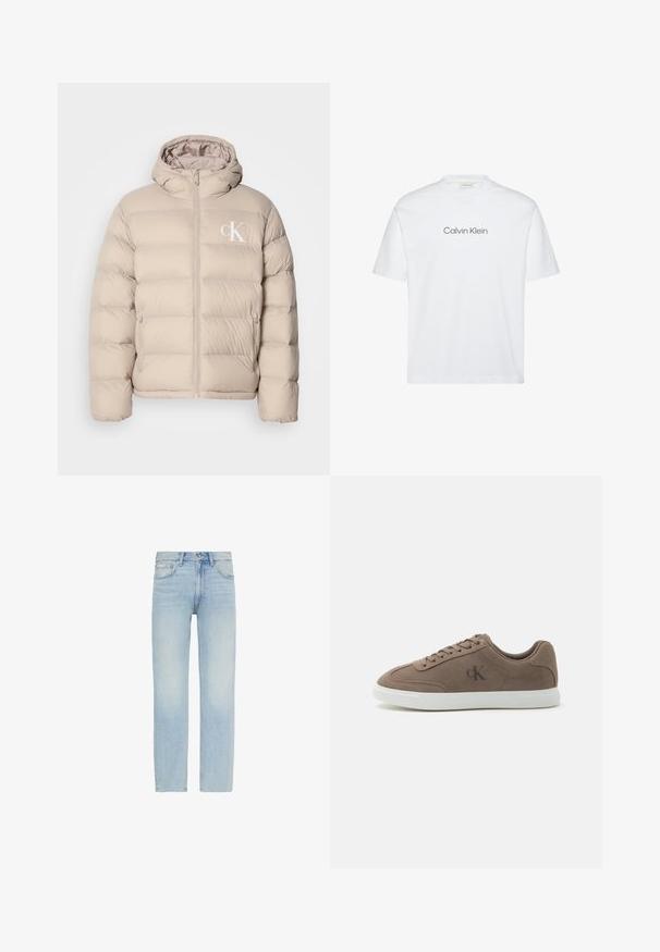 Beige pufferjack met een capuchon, voorzien van een gequilt ontwerp, centrale rits en een klein wit logo op de linkerkant van de borst. Zacht, glad materiaal.; Wit katoenen t-shirt met korte mouwen. Voorzien van een ronde hals en een gedrukte "Calvin Klein"-logo in grijs over de borst.; Lichtblauwe straight-leg spijkerbroek met knoopsluiting aan de voorkant en een ontwerp met vijf zakken, inclusief een klein Calvin Klein-label op de voorzak.; Taupe suède lage sneaker met beige veters, witte rubberen zool en subtiel "cK" logo aan de zijkant.