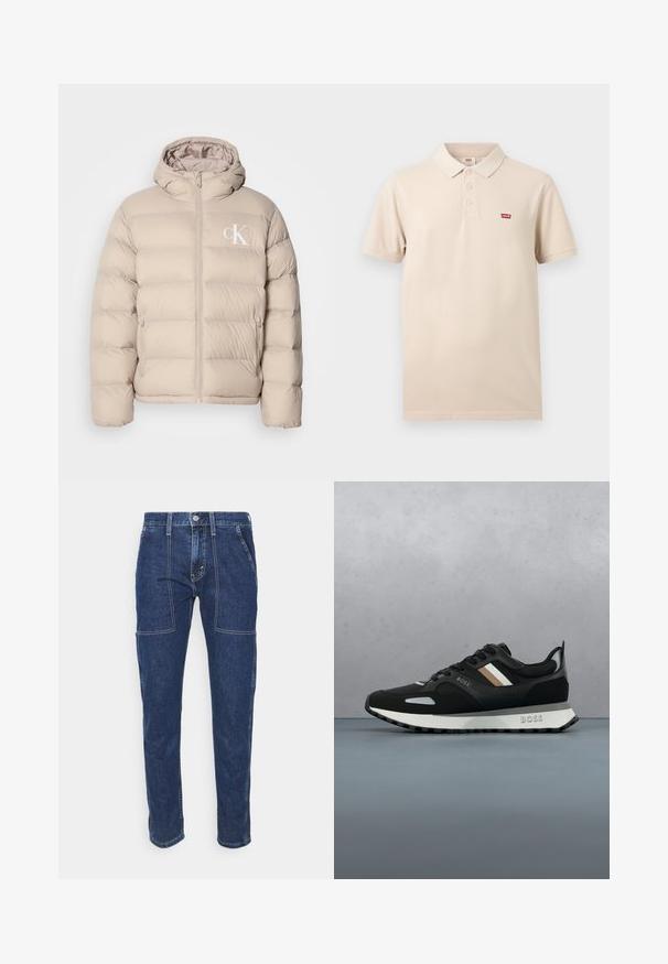 Beige pufferjack met een capuchon, voorzien van een gequilt ontwerp, centrale rits en een klein wit logo op de linkerkant van de borst. Zacht, glad materiaal.; Beige poloshirt met korte mouwen, kraag en drie knopen, met klein rood Levi's-logo op de linkerborst.; Donkerblauwe denim jeans met een rechte pasvorm, zichtbare stiksels, twee zijzakken aan de voorkant en een ritssluiting. De stof heeft een gladde textuur.; Zwarte hardloopschoen met een gestructureerd oppervlak, lichtgrijze accenten en drie horizontale strepen in bruin. Voorzien van een witte, gevoerde zool.