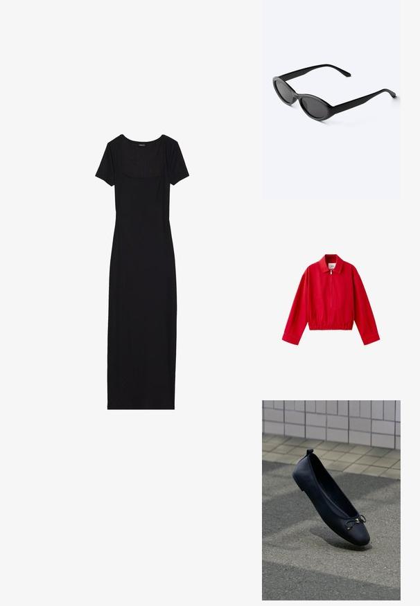 Veste rouge zippée avec col, manches longues, ourlet élastique et poches latérales.; Robe noire midi à manches courtes, décolleté carré, texture côtelée et design ajusté. Silhouette simple et épurée.; Ballerine noire avec un petit nœud sur le dessus, flottant au-dessus d'un sol gris texturé avec un mur en carrelage en arrière-plan.; Lunettes de soleil ovales noires et élégantes avec des verres foncés et des branches droites, posées sur une surface blanche.