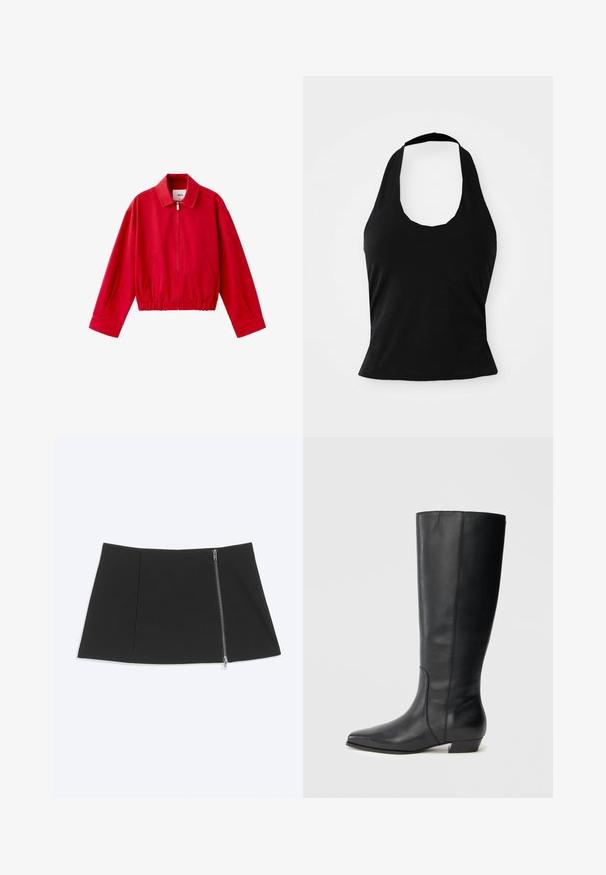 Veste rouge zippée avec col, manches longues, ourlet élastique et poches latérales.; Haut halter noir en tissu doux, avec un col rond et une silhouette ajustée, à la texture lisse et sans motifs visibles.; Mini-jupe noire avec une fermeture éclair argentée courant en diagonale sur le côté droit, tissu lisse, ourlet légèrement évasé.; Bottes en cuir noires montant jusqu'aux genoux, avec bout pointu et talon bas carré, présentant une texture lisse et un design épuré et élégant.