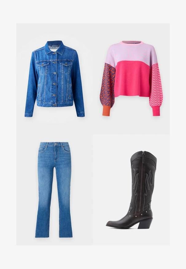 Veste en denim bleu avec un col, fermeture à boutons sur le devant, deux poches poitrine et poches latérales. Présente des coutures contrastées et une coupe légèrement ajustée.; ONLY ONLHILLA MIX BOX ONECK - Pullover - raspberry sorbet; Jeans en denim bleu avec une jambe évasée, dotés d'une taille mi-haute, de cinq poches et d'une fermeture à bouton argent classique. Texture lisse.; Bottes de cowboy en cuir marron avec surpiqûres en forme de flammes, fermeture éclair latérale, clous argentés, bout pointu et talon superposé.
