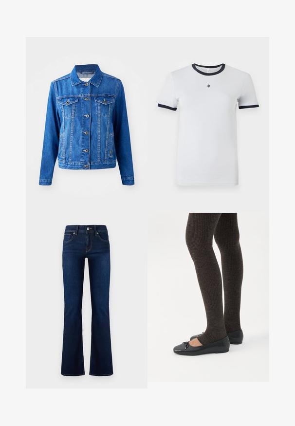Blå denimjakke med krave, frontknaplukning, to brystlommer og sidelommer. Har kontrastsyninger og en let tætsiddende form.; Hvid kortærmet t-shirt med en rund navy hals og navy manchetter. Har et lille logo på brystet. Glat stofstruktur.; Mørkeblå denim flared jeans med en mid-rise talje, forlommer og kontrasterende syninger. Har metalknaplukning og bæltestropper.; Ben iført mørke ribbede leggings kombineret med sorte balletsko med små sløjfedetaljer på hvid baggrund.