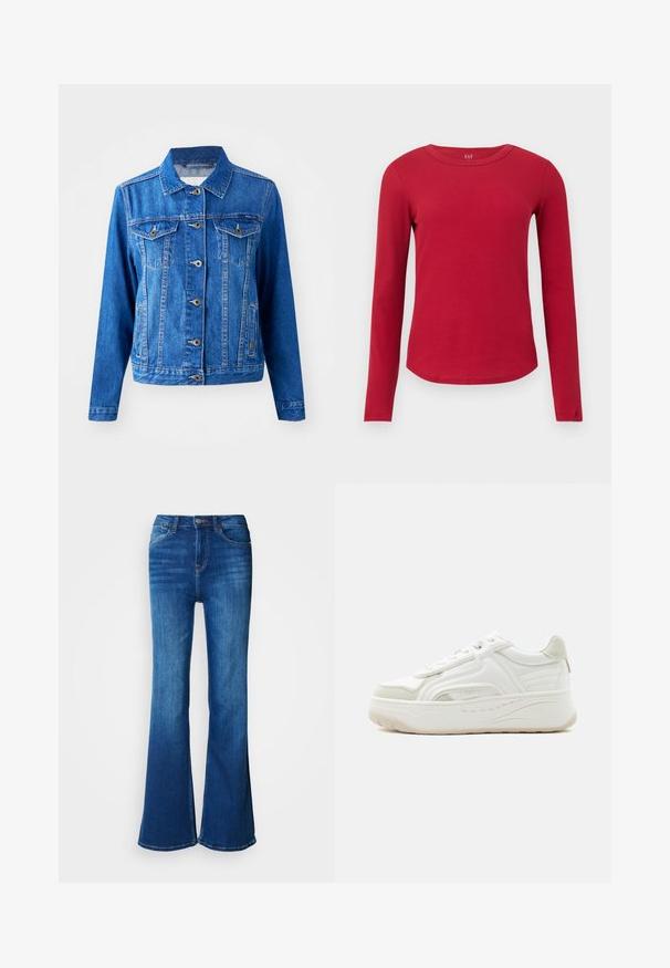 Blå denimjakke med krave, frontknaplukning, to brystlommer og sidelommer. Har kontrastsyninger og en let tætsiddende form.; Langærmet rød ribstrikket bluse med rund hals, buet skørt, tætsiddende silhuet og GAP-mærke inde i kraven.; Blå denimjeans med flare og midt-høj talje, der har forlommer, bæltestropper og en subtil falmet effekt, fremstillet af blødt, bomuldsrigt stof.; Hvid lavtop-sneakers med tekstureret sål, snørelukning foran og syninger på panelerne på en ensartet lys baggrund.