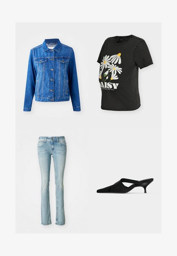 Blå denimjakke med krave, frontknaplukning, to brystlommer og sidelommer. Har kontrastsyninger og en let tætsiddende form.; Sort kortærmet graviditetst-shirt med print af hvide og gule tusindfrydblomster og ordet "DAISY" på forsiden.; Lys blå denim jeans, bootcut design, fem-lomme stil, falmede detaljer, lynlås og knaplukning, diskrete syninger, medium talje.; Sort mule med spids tå, lav kattethæl og overlappende brede remme hen over foden.