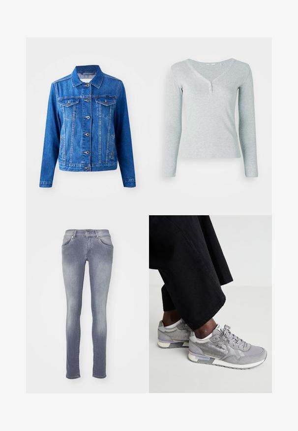 Blå denimjakke med krave, frontknaplukning, to brystlommer og sidelommer. Har kontrastsyninger og en let tætsiddende form.; Lys grå langærmet top lavet af ribbet stof. Har V-udskæring og tre knapper ved halsudskæringen, med et slim fit design.; Slank jeans i en mellemgrå vask, lavet af denim. Har fem lommer, bæltestropper og en falmet effekt omkring lår og knæ.; Grå sneakers lavet af ruskind og mesh med en tekstureret panel, polstret sål og lyse accenter, kombineret med sorte bukser.
