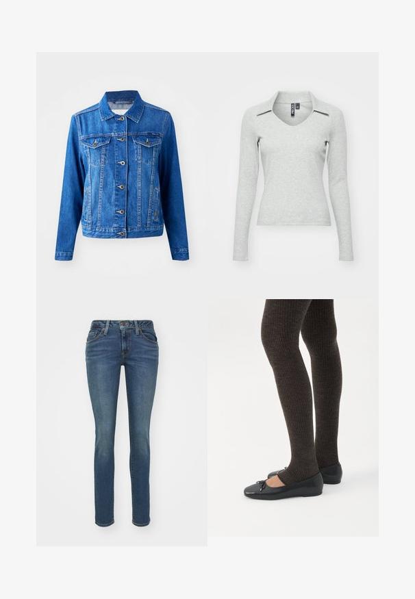 Blå denimjakke med krave, frontknaplukning, to brystlommer og sidelommer. Har kontrastsyninger og en let tætsiddende form.; Lys grå langærmet V-hals bluse med krave, lavet af blødt, struktureret stof, der har en tætsiddende pasform og minimal detaljer.; Blå denim jeans i slim-fit med fem lommer, synlig syning og lynlås. Har en let brugt tekstur for ekstra detalje.; Ben iført mørke ribbede leggings kombineret med sorte balletsko med små sløjfedetaljer på hvid baggrund.