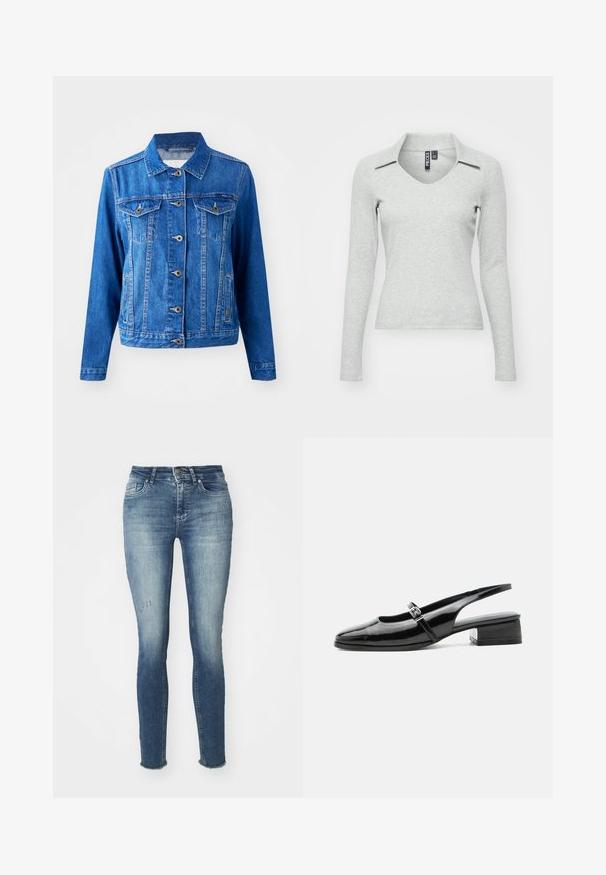 Blå denimjakke med krave, frontknaplukning, to brystlommer og sidelommer. Har kontrastsyninger og en let tætsiddende form.; Lys grå langærmet V-hals bluse med krave, lavet af blødt, struktureret stof, der har en tætsiddende pasform og minimal detaljer.; Slanke blå jeans lavet af denim, med en falmet vask, let slid på fronten og flosset kant ved anklerne.; Sort laklæderslingback-sko med lav blokhæl og tynd rem med sølvspænde over toppen.