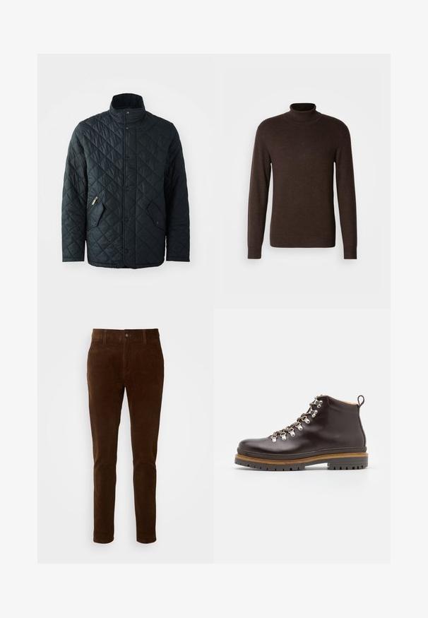 Veste noire matelassée avec col montant, dotée de boutons-pression à l'avant, de deux poches zippées diagonalement et d'un motif en losanges sur l'ensemble du tissu.; Pull en col roulé marron en matériau doux, avec des manches longues et un col côtelé. Texture lisse avec une coupe ajustée.; Pantalon en velours côtelé marron avec une coupe droite, doté d'une fermeture à bouton et d'une texture de côtes verticales discrètes.; Zign by Zalando LEATHER - Bottines à lacets - brown