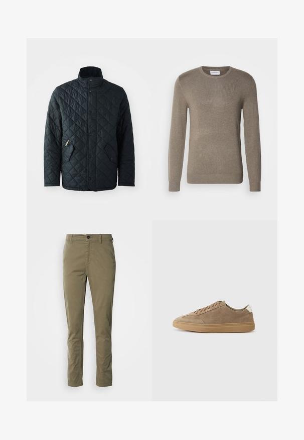 Veste noire matelassée avec col montant, dotée de boutons-pression à l'avant, de deux poches zippées diagonalement et d'un motif en losanges sur l'ensemble du tissu.; Pull en coton couleur khaki, fabriqué en maille douce, avec un col rond, des manches longues et un logo brodé subtil sur la poitrine.; Chinos vert olive en coton avec une texture lisse. Comprend une fermeture à bouton, des poches latérales et une coupe ajustée.; Baskets en cuir suédé de couleur marron clair avec une semelle en caoutchouc. Possède un design à lacets et un style minimaliste, rehaussé par un onglet de talon blanc.