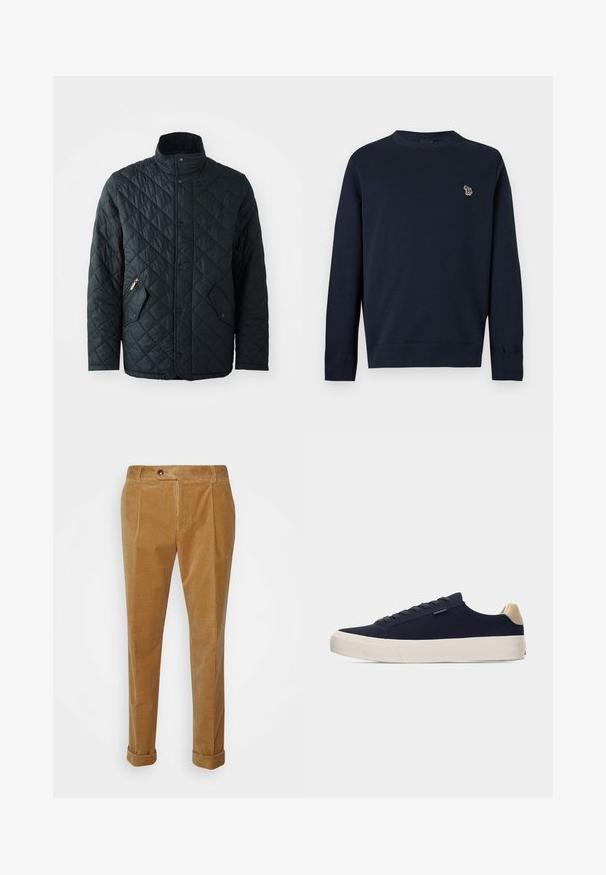 Gepolsterte schwarze Jacke mit Stehkragen, ausgestattet mit vorderen Druckknöpfen, zwei schrägen Reißverschlusstaschen und einem Rautenmuster im gesamten Stoff.; Marineblaue Sweatshirt mit Rundhalsausschnitt und langen Ärmeln, gerippten Bündchen und Saum, mit einem kleinen mehrfarbigen bestickten Zebra-Logo auf der Brust.; BOSS Stoffhose - medium beige; Niedrig geschnittener Sneaker in Marineblau mit beigem Fersenlasche, weißer dicker Sohle und Schnürverschluss, von der linken Seite auf hellem grauem Hintergrund dargestellt.