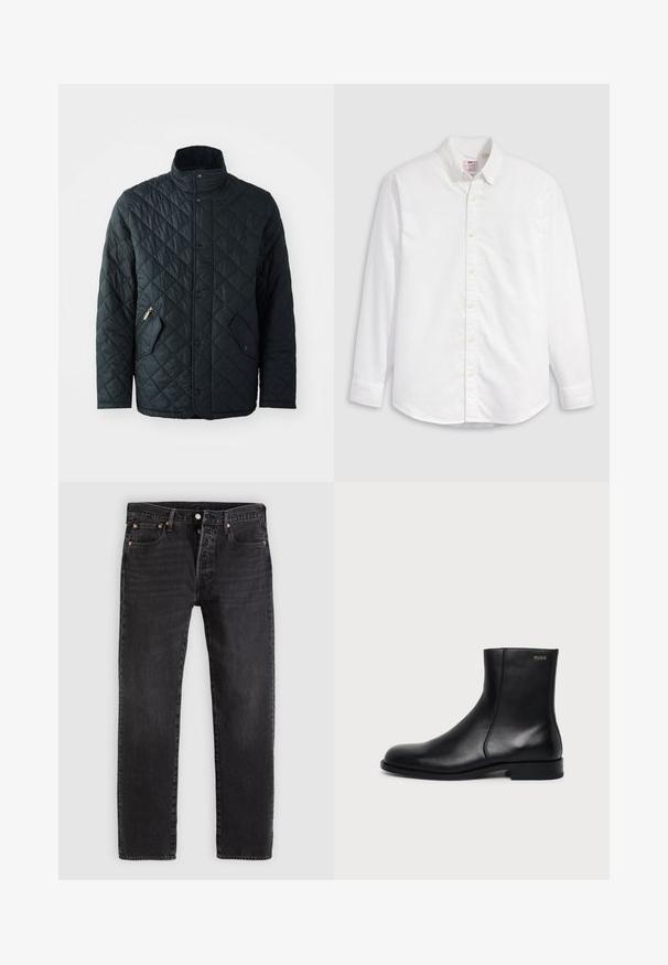Gepolsterte schwarze Jacke mit Stehkragen, ausgestattet mit vorderen Druckknöpfen, zwei schrägen Reißverschlusstaschen und einem Rautenmuster im gesamten Stoff.; Weißes, langeärmeliges Hemd aus Baumwolle mit Kragen und abgerundetem Saum. Ausgestattet mit gelben Knöpfen und dezentem Markenlogo.; Schwarze Denim-Jeans mit geradem Schnitt, ausgestattet mit zwei Fronttaschen, einer Münztasche und Metallnieten. Klassisches Fünf-Taschen-Design.; Schwarzer Leder-Knöchelstiefel mit niedrigem Absatz, seitlicher Naht und kleinem "HUGO" Logo am oberen Schaft vor einfarbigem Hintergrund.