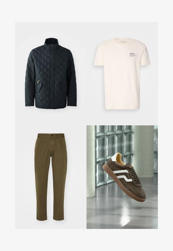 Veste noire matelassée avec col montant, dotée de boutons-pression à l'avant, de deux poches zippées diagonalement et d'un motif en losanges sur l'ensemble du tissu.; T-shirt en coton couleur crème avec un col rond, des manches courtes et une petite impression marine sur la poitrine indiquant "GANT 32 EAST 39TH ST. NEW YORK."; Pantalons en coton vert olive avec une coupe droite, dotés d'une fermeture à bouton à l'avant, de passants de ceinture et de poches latérales. Texture lisse.; Baskets en daim marron avec des bandes latérales blanches et une semelle en gomme, présentées flottant à l'intérieur sur un sol en béton poli près de briques de verre.