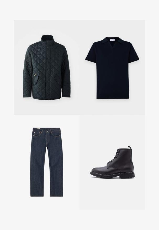 Gepolsterte schwarze Jacke mit Stehkragen, ausgestattet mit vorderen Druckknöpfen, zwei schrägen Reißverschlusstaschen und einem Rautenmuster im gesamten Stoff.; Marineblaues gestricktes Poloshirt mit V-Ausschnitt, kurzen Ärmeln und flachem Kragen. Gerippter Saum und Bündchen mit glatter Textur.; Dunkelblaue Jeans aus Denim mit geradem Schnitt, versehen mit Kupferrivets, gelben Nähten und frontalen Taschen. Glatte Textur mit minimalen Designdetails.; Schwarzer Leder-Stiefelette mit Schnürung, dicker Sohle und Zugschlaufe an der Ferse, seitlich auf weißem Hintergrund dargestellt.