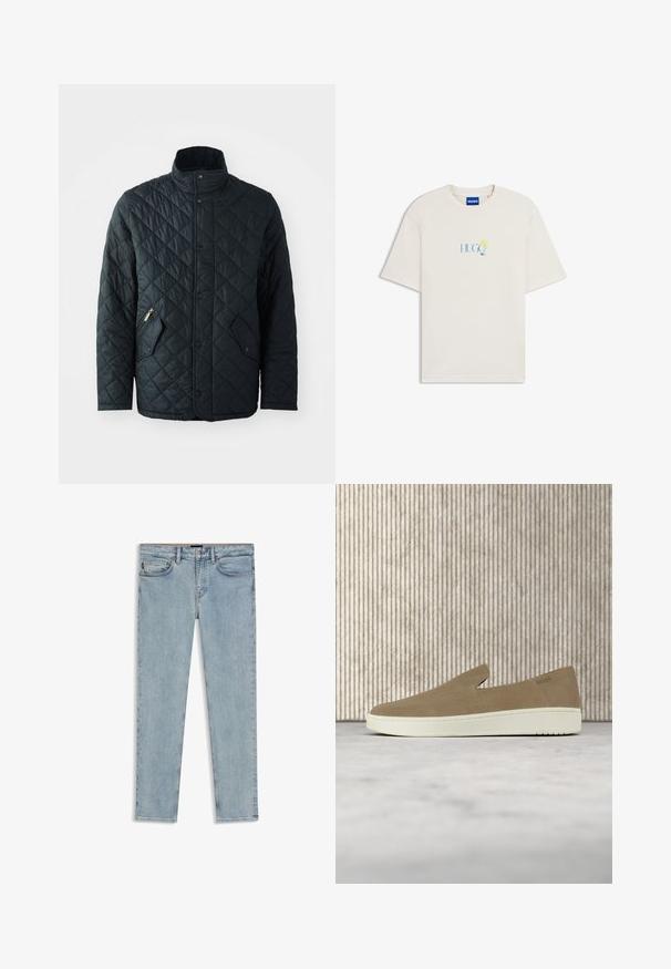 Gequilted zwarte jack met een staande kraag, voorzien van vooraan drukknopen, twee diagonale ritszakken en een ruitpatroon over de stof.; Off-white T-shirt met korte mouwen en de tekst "HUGO" met een kleine tropische drinkgrafiek in blauw en geel, gecentreerd op de borst.; Lichtblauwe slim-fit jeans met knopen en rits aan de voorkant, vijfzakkenontwerp en subtiele vervaagde details op een witte achtergrond.; Beige instapper met witte zool, zwevend in de lucht boven een licht tapijt met amberkleurig transparant meubilair op de achtergrond.