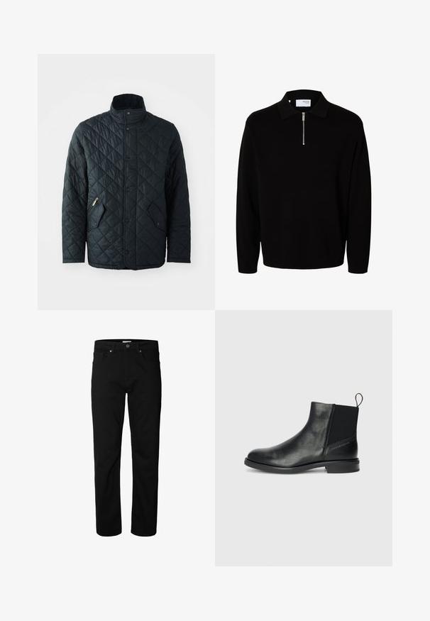Gepolsterte schwarze Jacke mit Stehkragen, ausgestattet mit vorderen Druckknöpfen, zwei schrägen Reißverschlusstaschen und einem Rautenmuster im gesamten Stoff.; Schwarzer langärmliger Strickpullover mit Kragen und kurzem Frontreißverschluss, entworfen für Männer.; Schwarze Jeans mit geradem Bein, Knopf- und Reißverschluss, Gürtelschlaufen und Taschen vorne und hinten, vor weißem Hintergrund dargestellt.; Schwarze Leder-Ankle-Boots mit elastischen Seitenpaneelen, runder Zehenpartie, niedrigem Blockabsatz und einer Zuglasche auf der Rückseite für ein einfaches An- und Ausziehen.