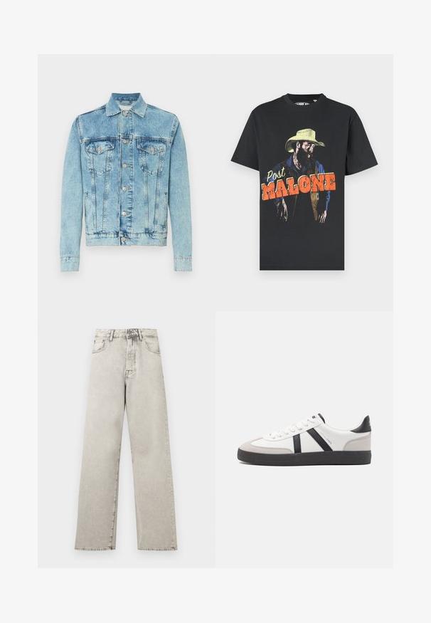 Veste en denim bleu clair avec fermeture à boutons, poches à rabat sur la poitrine, poches latérales et col classique, présentée sur fond blanc.; T-shirt en coton noir avec un graphisme de cow-boy, accompagné du texte "Post Malone" en orange vif. Impression haute définition avec un aspect texturé.; Jean denim gris clair taille haute à jambes droites avec poches avant, passants pour ceinture, fermeture par bouton et zip.; Baskets blanches avec des accents noirs et gris, présentant un embout texturé gris, une semelle en caoutchouc noir et des lacets plats blancs. Design épuré, style minimaliste.