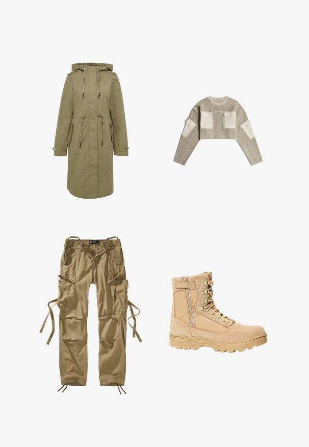 Olivgrüner Parka mit Kapuze und Zugbändern, ausgestattet mit zwei Seitentaschen, geknöpften Manschetten und einer taillierten Silhouette für eine verstellbare Passform.; Gekürzter beiger Strickpullover mit cremefarbenen Stoffflicken auf Brusttaschen und oberen Ärmeln, mit Reißverschlüssen und Knöpfen.; Khakifarbene Cargo-Hose aus Baumwolle mit mehreren Seitentaschen, Kordelzügen an den Knöcheln und Knopfakzenten. Klare Linien und strapazierfähiger Stoff.; Tan taktischer Stiefel mit einem Obermaterial aus Wildleder und Stoff, Schnürung und Reißverschluss, strukturierten Sohlen und verstärkter Zehenkappe für Langlebigkeit.