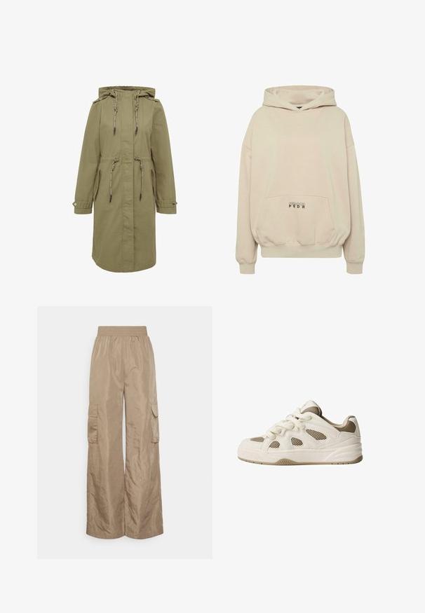 Olivgrüner Parka mit Kapuze und Zugbändern, ausgestattet mit zwei Seitentaschen, geknöpften Manschetten und einer taillierten Silhouette für eine verstellbare Passform.; Beiger Hoodie mit Fronttasche, gerippten Bündchen und Kordelzugkapuze. "PECADOR PGDR" Schriftzug auf dem Taschenbereich.; Even&Odd Tall Cargohose - beige; Weißes und beiges Sneaker mit Netzpaneelen, runder Zehenpartie, dicke Sohle und Schnürdesign. Verfügt über strukturierte Akzente und gemusterte Profilsohle.
