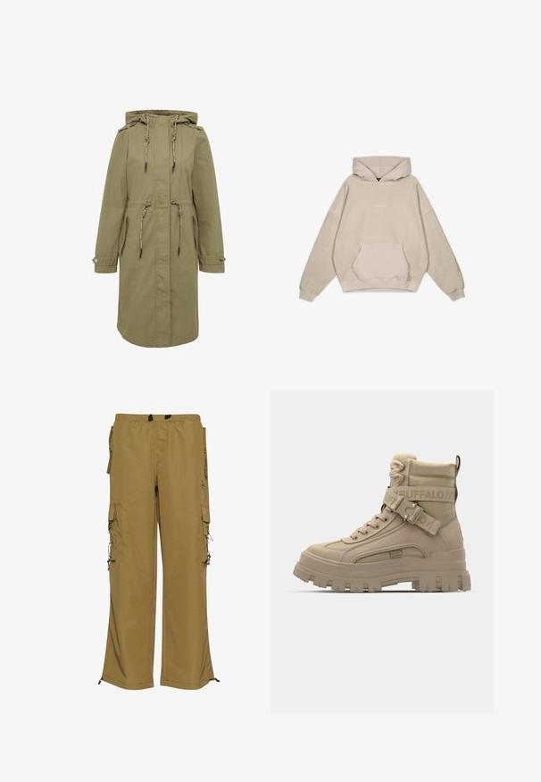Olivgrüner Parka mit Kapuze und Zugbändern, ausgestattet mit zwei Seitentaschen, geknöpften Manschetten und einer taillierten Silhouette für eine verstellbare Passform.; Beige Kapuzenpullover mit lockerer Passform, Kängurutasche, gerippten Ärmeln und glatter Textur. Mit dezentem Logo-Detailing auf der Vorderseite.; Khakifarbene Cargo-Hosen mit elastischem Bund, mehreren Seitentaschen und verstellbaren Bündchen. Hergestellt aus einem strapazierfähigen Stoff mit glatter Textur.; Tan-farbene hohe Stiefel aus synthetischem Material, mit einer groben Sohle, strukturierten Stoffakzenten und einem Riemen mit Logodetail.