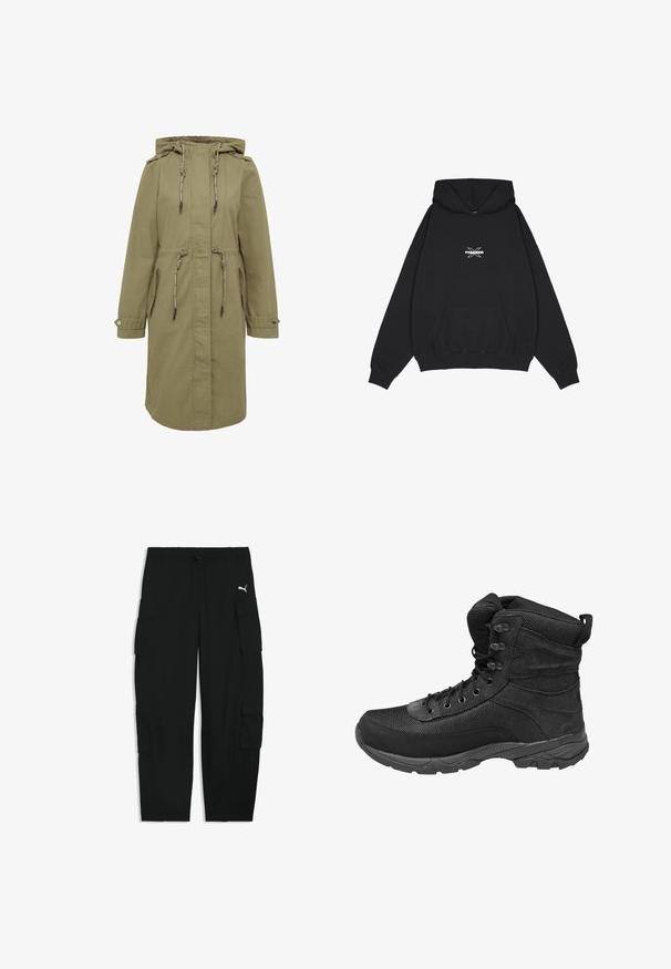 Olivgrüner Parka mit Kapuze und Zugbändern, ausgestattet mit zwei Seitentaschen, geknöpften Manschetten und einer taillierten Silhouette für eine verstellbare Passform.; Pegador BELLY OVERSIZED HOODIE - Kapuzenpullover - washed black; Schwarze Cargohose mit elastischem Bund, Kordelzug, seitlichen Klappentaschen und kleinem weißen Puma-Logo auf dem rechten Oberschenkel.; Schwarzer taktischer High-Top-Stiefel mit Mesh- und Wildlederpaneelen, vorderer Schnürung, gepolstertem Kragen und robuster Gummisohle.