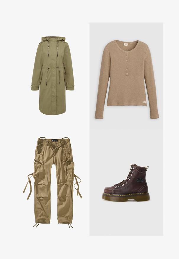 Olivgrüner Parka mit Kapuze und Zugbändern, ausgestattet mit zwei Seitentaschen, geknöpften Manschetten und einer taillierten Silhouette für eine verstellbare Passform.; Langärmliges beiges Waffelstrick-Henley-Shirt mit rundem Ausschnitt und fünf Knöpfen, flach liegend vor weißem Hintergrund dargestellt.; Khakifarbene Cargo-Hose aus Baumwolle mit mehreren Seitentaschen, Kordelzügen an den Knöcheln und Knopfakzenten. Klare Linien und strapazierfähiger Stoff.; Braune Leder-Ankle-Boots mit strukturierten Oberflächen, silbernen Ösen und gelben Nähten. Verfügt über eine robuste, transparente Sohle und eine Zuglasche.