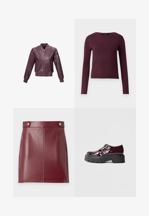 Bourgondische leren bomberjack met een geribde kraag en manchetten, rits aan de voorkant en een armzak met een rits voor extra detail.; Lange mouwtrui in donker bordeaux met een geribbelde textuur, ronde halslijn en slim fit ontwerp. Lichtgewicht gebreide stof.; Bordeaux leren minirok met een gladde textuur, voorzien van een aansluitend ontwerp, zijpanelen en twee goudkleurige knopen op de tailleband.; Bordeaux patent leren Mary Jane schoen met zilveren gesp en robuuste zwarte zool, zijaanzicht op een witte achtergrond.