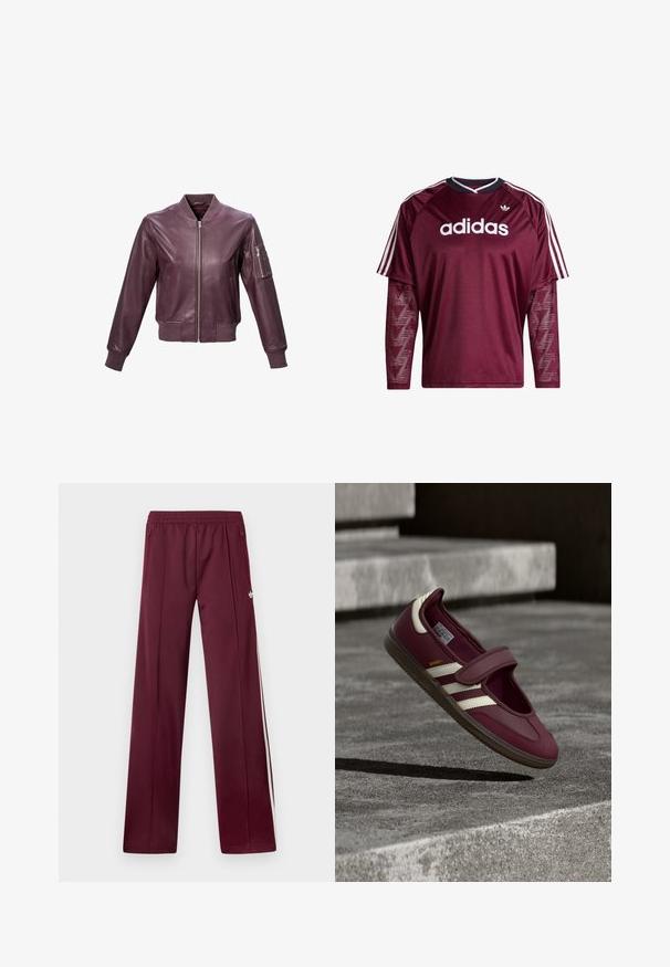 Bourgondische leren bomberjack met een geribde kraag en manchetten, rits aan de voorkant en een armzak met een rits voor extra detail.; Donkerrode Adidas longsleeve met mouwen van mesh, wit logo en strepen op de schouders, zwarte en witte kraag, voorkant gezien.; Wijnrode trainingsbroek met elastische tailleband, zijzakken met rits, witte zijstrepen en een klein wit Adidas-logo op de rechterdij.; Donkerrode sportschoen met een klittenbandsluiting, witte zijstrepen, een gestructureerde rubberen zool en een glad bovenmateriaal. Verstelbare pasvorm met een gevoerde binnenkant.