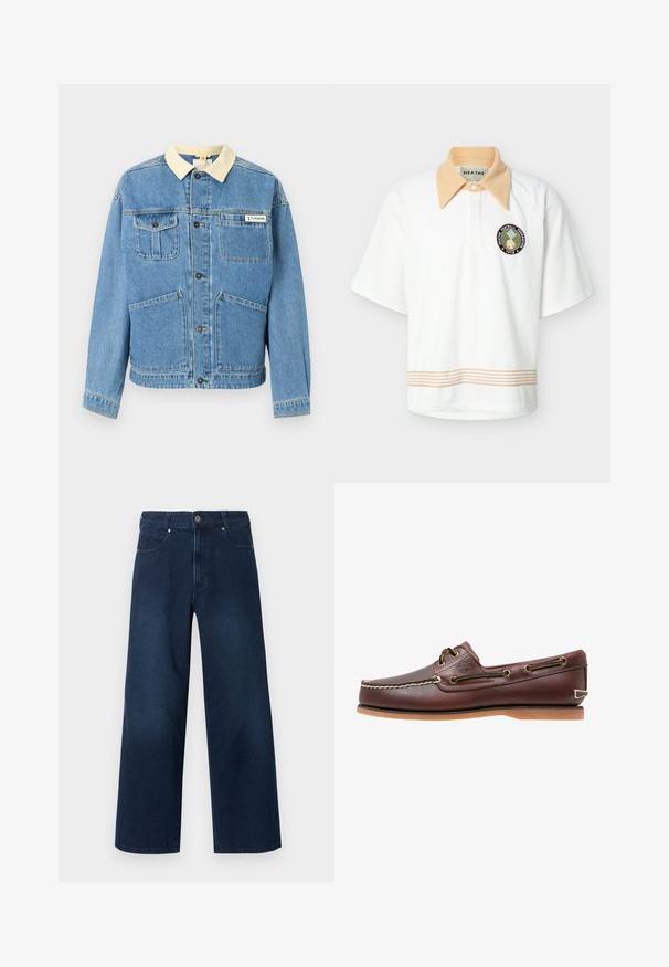 Veste en denim bleu clair avec col beige, boutons noirs, quatre poches frontales et un logo Columbia sur la poche poitrine supérieure droite.; Polo blanc à manches courtes avec col pointu beige, bordure rayée beige à l'ourlet, et écusson circulaire "HEATHE Football Federation 1978" sur la poitrine.; Jean denim bleu foncé à jambes larges avec fermeture avant à bouton et zip, poches avant et arrière, présenté sur fond blanc.; Chaussure bateau en cuir marron avec coutures blanches, détails de lacets et semelle en caoutchouc beige, vue de côté sur fond blanc.