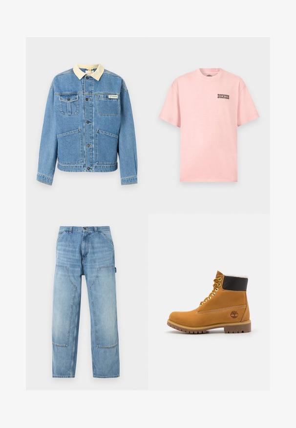 Veste en denim bleu clair avec col beige, boutons noirs, quatre poches frontales et un logo Columbia sur la poche poitrine supérieure droite.; T-shirt rose clair à manches courtes avec col rond et petit logo noir "Dickies" sur le côté gauche de la poitrine.; Pantalon de charpentier en denim bleu clair avec de grandes poches plaquées à l'avant et une boucle porte-marteau sur le côté droit, coupe droite.; Bottine en cuir brun avec œillets en métal, doublure en fourrure blanche, col rembourré noir, semelle robuste et logo en relief sur le côté.