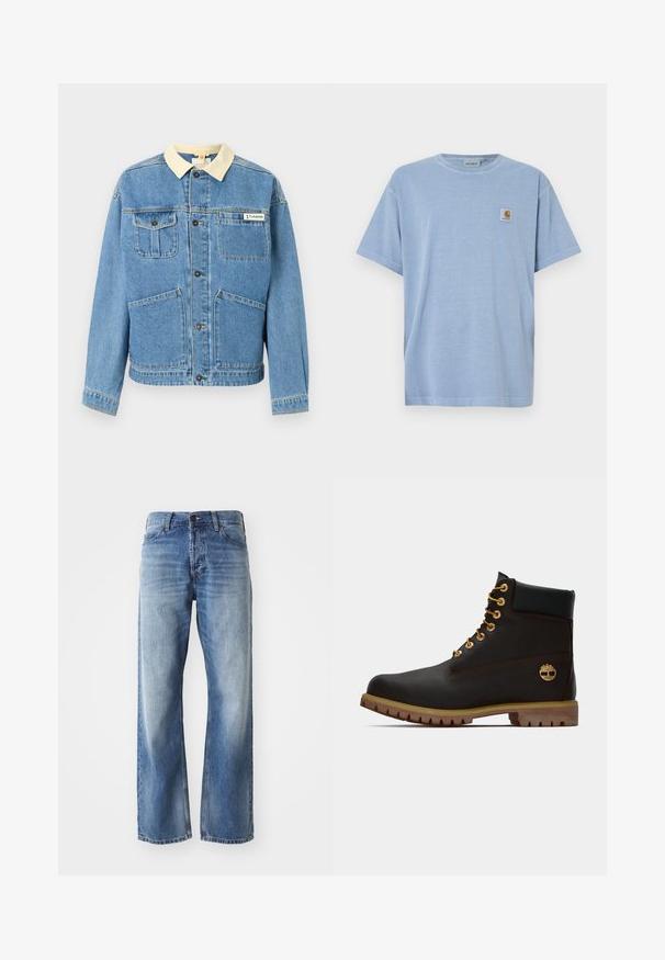 Veste en denim bleu clair avec col beige, boutons noirs, quatre poches frontales et un logo Columbia sur la poche poitrine supérieure droite.; T-shirt en coton bleu clair à manches courtes, col rond, avec une petite étiquette logo carrée comportant une lettre « C » stylisée sur la poitrine.; Jean en denim bleu à jambes droites avec un léger délavage sur les cuisses et les genoux, comprenant cinq poches et une fermeture à bouton.; Bottine noire en cuir avec œillets dorés, accents marron et semelle en caoutchouc. Comprend un col rembourré et un logo estampé sur le côté.