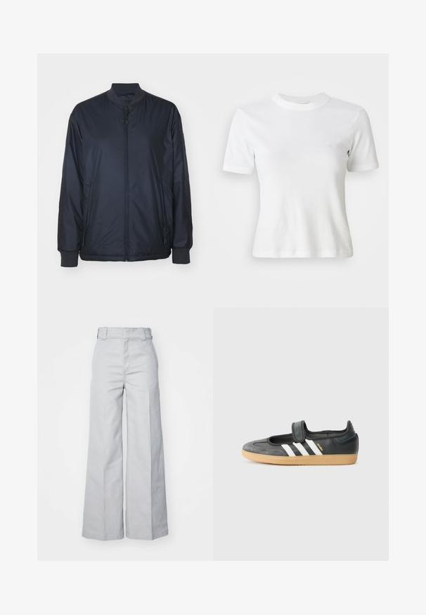 Veste de pilote de l'armée de mer en tissu léger et lisse ; dotée d'une fermeture éclair à l'avant, de poches latérales et de poignets et col côtelés. Pas de motifs.; T-shirt blance à manches courtes en côte, avec un col rond et un petit logo sur la poitrine. Fabriqué en tissu doux avec une coupe ajustée.; Pantalons large gris clair en mélange de coton, dotés d'une taille haute, d'une ceinture structurée et de coutures visibles.; Sneaker en cuir noir et suède avec une sangle Velcro, arborant trois bandes blanches et une semelle en caoutchouc, étiqueté "SAMBA" sur le côté.