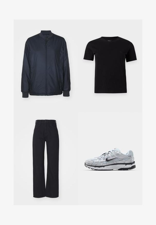 Veste de pilote de l'armée de mer en tissu léger et lisse ; dotée d'une fermeture éclair à l'avant, de poches latérales et de poignets et col côtelés. Pas de motifs.; T-shirt noir uni à manches courtes et col rond avec un logo subtil sur la poitrine gauche, présenté sur un fond gris neutre.; Jeans noirs taille haute à jambes larges avec fermeture à bouton et zip à l'avant, passants de ceinture et deux poches avant sur fond blanc.; Baskets Nike P-6000 avec une tige en mesh gris clair, des accents noirs et une semelle en caoutchouc noir durable. Présente un design complexe et un système de laçage.