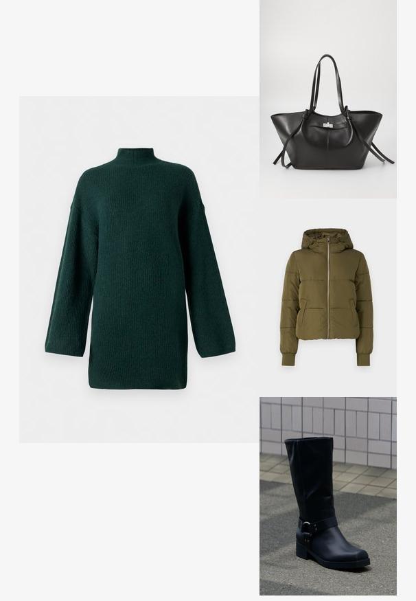Olivgrüne gepolsterte Jacke mit Kapuze, Frontreißverschluss und seitlichen Taschen. Verfügt über gerippte Bündchen und ein verkürztes Design mit horizontalen Nähten.; Dunkelgrüner, strukturierter Pullover mit hohem Kragen, langen Ärmeln und einer leicht übergroßen Silhouette. Verfügt über ein geripptes Strickdesign.; Schwarzer Lederstiefel bis zur Mitte der Wade mit niedrigem Blockabsatz und dekorativem Riemen mit Metallschnalle um den Knöchel, auf einem gefliesten Gehweg.; Schwarze Leder-Tote-Tasche mit breiter, dreieckiger Form. Ausgestattet mit einem eleganten metallischen Verschluss, langen Tragegriffen und glatter Oberfläche.