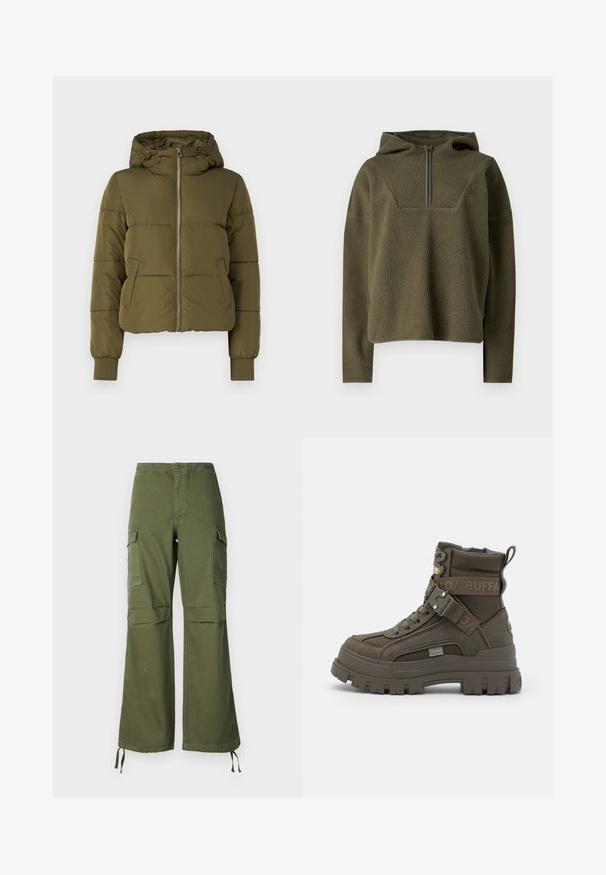 Chaqueta acolchada verde oliva con capucha, cremallera frontal y bolsillos laterales. Presenta puños acanalados y un diseño corto con costuras horizontales.; Suéter de forro polar verde oliva con capucha, cierre de media cremallera en la parte delantera, tela texturizada y ribete contrastante en el dobladillo y en los puños.; Pantalones cargo verde oliva de algodón, con un diseño de pierna ancha, dos bolsillos laterales y lazos ajustables en el dobladillo.; Buffalo ASPHA LACEUP MID - Botines con cordones - khaki