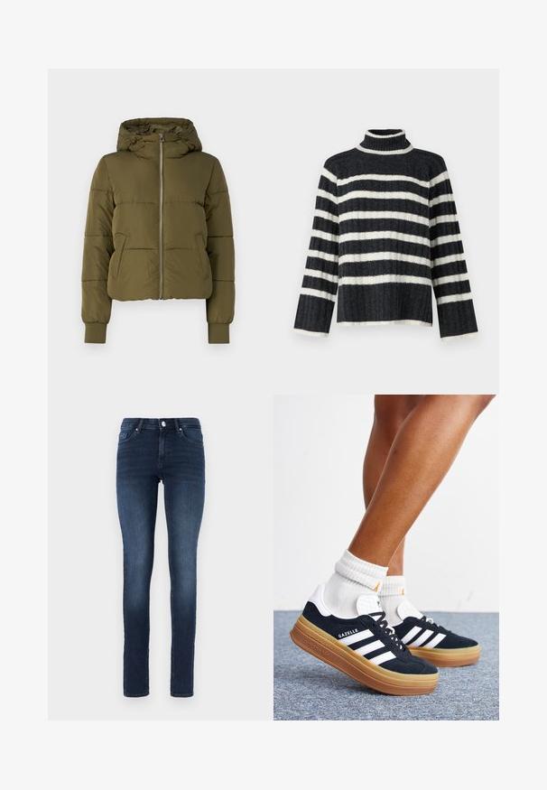 Olivgrüne gepolsterte Jacke mit Kapuze, Frontreißverschluss und seitlichen Taschen. Verfügt über gerippte Bündchen und ein verkürztes Design mit horizontalen Nähten.; Schwarz-weiß gestreifter Rollkragenpullover mit lockerer Passform, gerippter Textur und langen Ärmeln. Verfügt über einen hohen Kragen und horizontale Streifen.; Dunkelblaue Skinny Jeans aus Denim, mit klassischem Fünf-Taschen-Design, Knopfverschluss und subtilen Verfärbungen an den Oberschenkeln.; Beine mit weißen Socken und schwarzen Adidas Gazelle Sneakers mit weißen Streifen und dicken braunen Sohlen auf einem grauen Teppichboden.