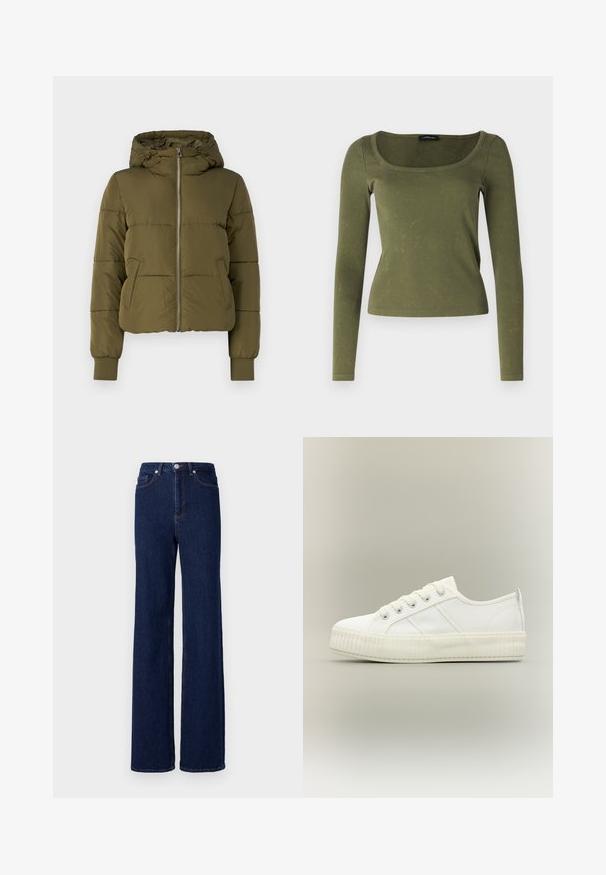 Olivgrüne gepolsterte Jacke mit Kapuze, Frontreißverschluss und seitlichen Taschen. Verfügt über gerippte Bündchen und ein verkürztes Design mit horizontalen Nähten.; Olivenfarbene Langarmbluse aus geripptem Stoff, mit einem quadratischen Ausschnitt und taillierter Passform. Auffällige Textur mit dezenten Mustern.; Dunkelblaue Denim-Jeans mit hoher Taille, weitem Bein und klassischem Fünf-Taschen-Design. Abgerundet mit kontrastierenden Nähten und einem Metallknopf.; Weißer Sneaker mit niedrigem Schaft, dicker gerippter Sohle, Schnürung vorne und Zuglasche an der Ferse vor neutralem Hintergrund.