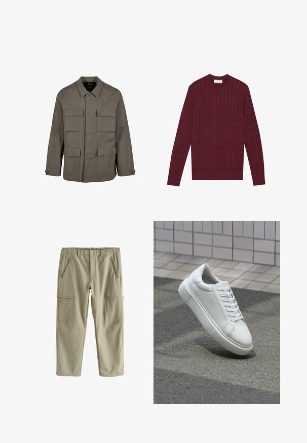 Khaki utilityjack in een katoenmix, met een rechte snit, twee borstzakken en knoopsluitingen op de mouwen. Soepele textuur en een minimalistisch ontwerp.; Bordeaux kabelgebreide trui met een ronde hals, lange mouwen, geribde boorden en zoom, met een klein blauw logo op de borst.; Knielange cargobroek in lichtbeige, gemaakt van gladde stof. Voorzien van twee voorste ritssluitingen en twee zijzakken.; Witte leren sneaker met een glad oppervlak, ronde neus en platte witte veters. Voorzien van een gestructureerde rubberen zool en minimale ontwerpelementen.