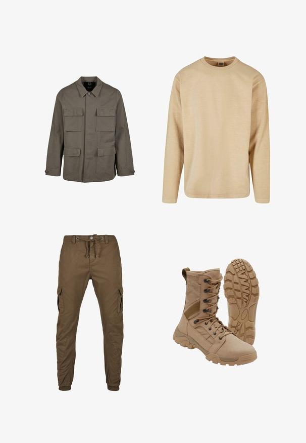 Veste utilitaire kaki en mélange de coton, avec une coupe droite, deux poches poitrine et des fermetures à boutons aux manches. Texture lisse et design minimal.; T-shirt beige à manches longues en tissu doux, avec un col rond, une coupe décontractée et des coutures minimales pour un design épuré.; Pantalons cargo en vert olive, fabriqués à partir d'un tissu robuste. Les caractéristiques incluent une taille avec cordon de serrage, des poches latérales et des poignets élastiques aux chevilles.; Botte tactique beige avec un lacet montant à la cheville et une semelle en caoutchouc robuste, une botte debout et une montrant le motif de la semelle.