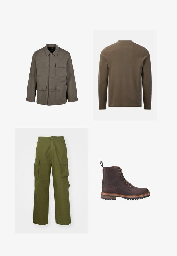 Khaki utilityjack in een katoenmix, met een rechte snit, twee borstzakken en knoopsluitingen op de mouwen. Soepele textuur en een minimalistisch ontwerp.; Langarmig, olijfgroen gestructureerd overhemd, van achteren getoond met een ronde halslijn en effen manchetten op een witte achtergrond.; Olijfgroene cargo broek van duurzaam materiaal, met twee zijzakken, een relaxte pasvorm en een knoopsluiting bij de taille.; Bruine leren veterschoenen tot boven de enkel met een gestructureerde afwerking, contrasterende beige zolen en metalen veteroogjes. Voorzien van een trekkoordje voor gemakkelijk aan- en uittrekken.