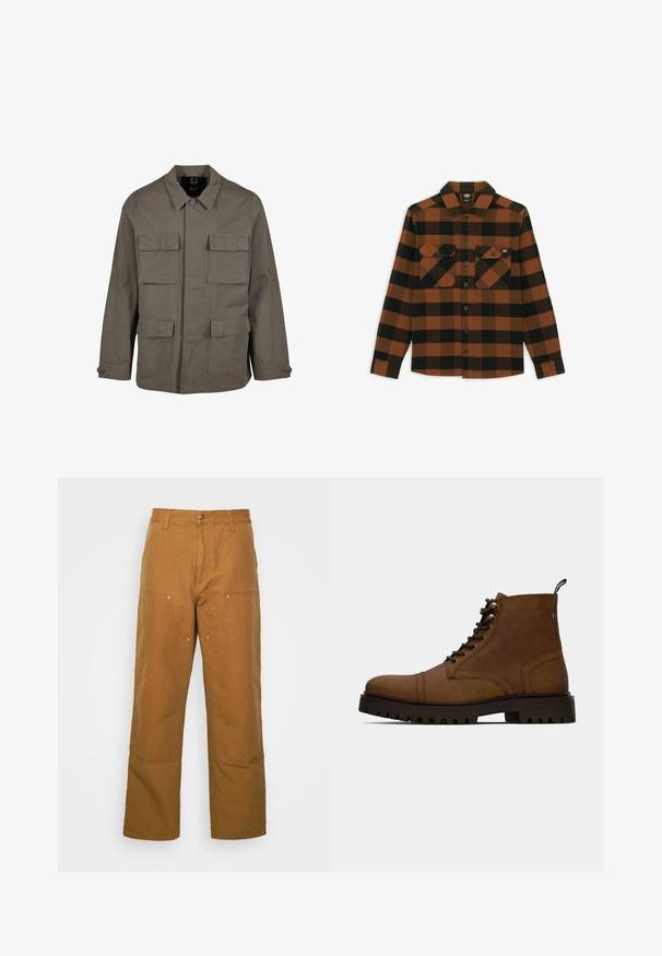 Veste utilitaire kaki en mélange de coton, avec une coupe droite, deux poches poitrine et des fermetures à boutons aux manches. Texture lisse et design minimal.; Chemise à manches longues en motif écossais orange et noir, fabriquée dans un tissu texturé. Comprend deux poches poitrine et une fermeture à boutons.; Pantalons utilitaires en coton marron avec une coupe droite, dotés de poches avant et d'accents en métal pour une durabilité accrue.; Botte de cheville en cuir marron à lacets avec semelle crantée noire épaisse et languette, sur fond blanc.