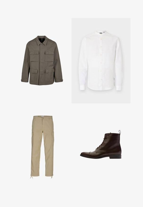 Khaki utilityjakke i bomuldsblanding, med lige snit, to brystlommer og knaplukninger på ærmerne. Glat tekstur og minimalistisk design.; Hvid langærmet skjorte med båndkrave, knaplukning foran og et struktureret stof. Har en lige pasform og knapmanchetter.; Beige cargo bukser lavet af bomuld, med sidelommer, lige pasform og snoredrager i bunden. Glat tekstur, afslappet design.; Scarosso DANTE - Støvletter - dark brown calf